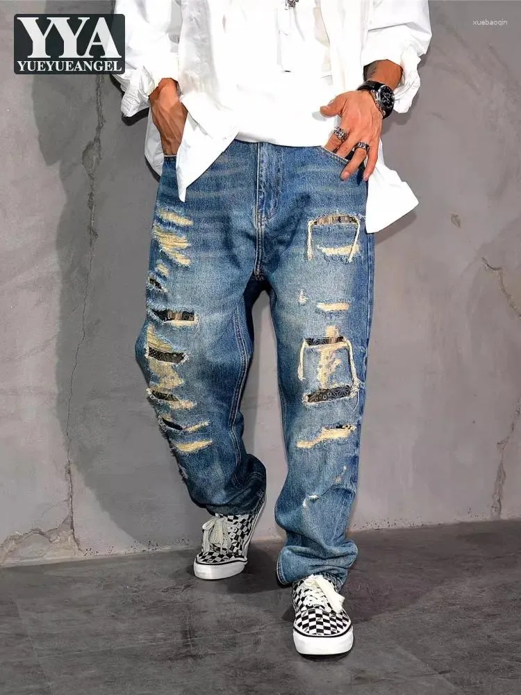 Jeans pour hommes High Street Hip Hop déchiré en détresse bleu rétro Denim pantalon coupe ample pantalon décontracté Harem Design mode hommes