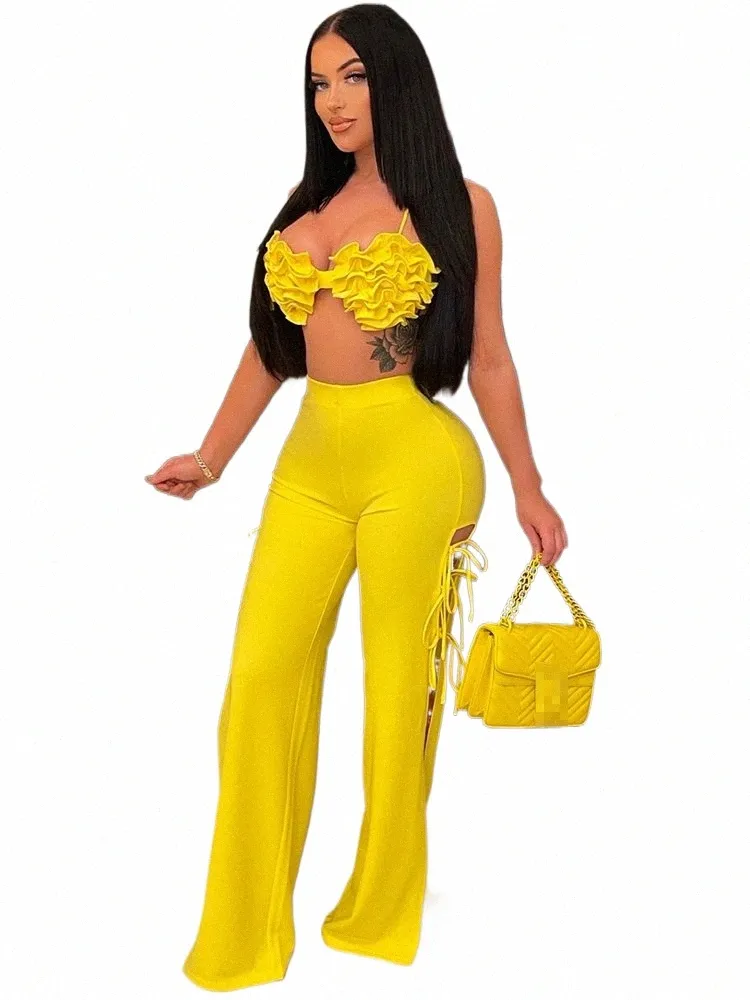 Joskaa Solid Color Bikini Tops i puste spodnie Bandage Flare Pants Dwuczęściowy zestaw kobiet ubrania Summer 2022 Seksowne stroje klubowe n1vh#