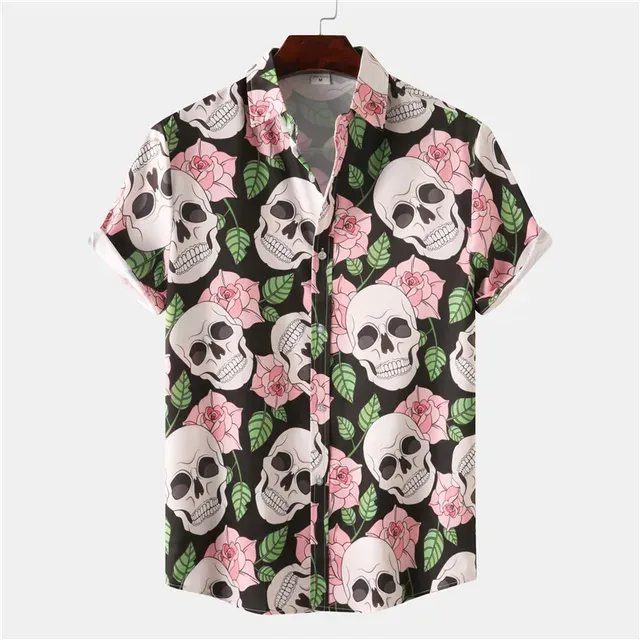 Men’s Halloween Button-Down Shirt – Skull & Rose Print Slim-Fit Short Sleeve Top