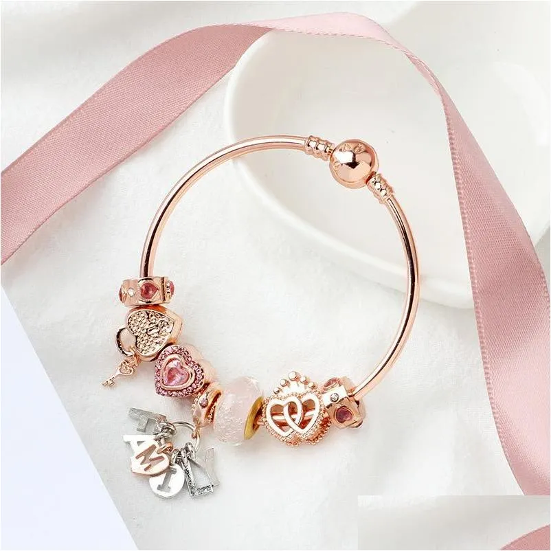 Bangle Original Pandoras Fashion S925 Sier Rose Gold Charm Beads Heart Lock Bangles Women Chain Letter Bracelets Jewelry Holiday Drop Dhk2B