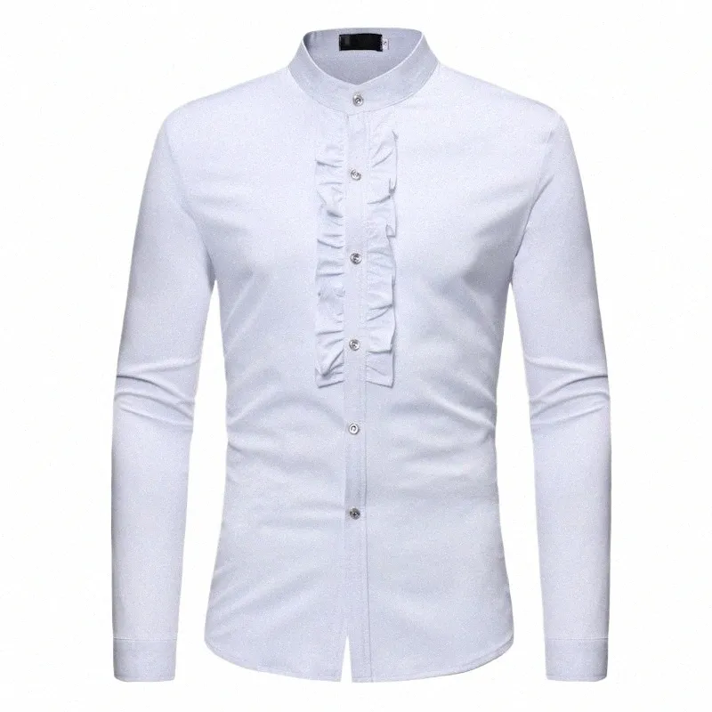 Mens Ruffle Tuxedo Dr Shirts 2018 브랜드 새로운 슬림 피트 LG 슬리브 스탠드 칼라 셔츠 남자 웨딩 화학 공연 homme 02kh#