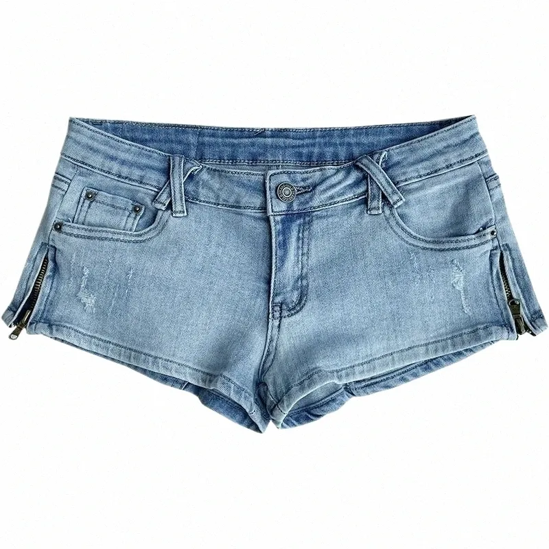 Shorts jeans de cintura ultra baixa feminino, azul claro, stretch, slim, sexy, nádegas, boate m3FF #