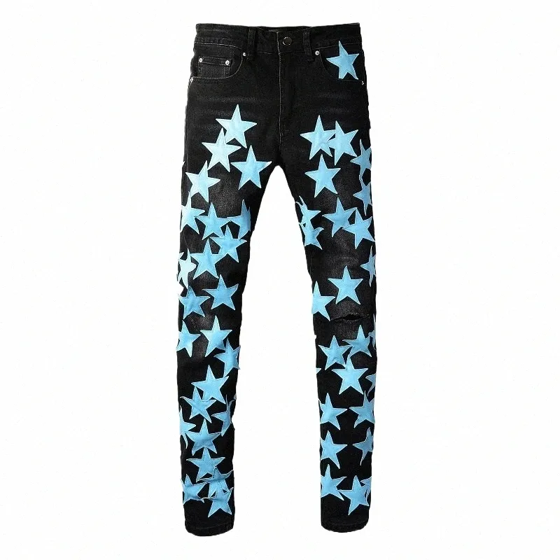 men Sky Blue Leather Stars Patches Jeans Streetwear Black Stretch Denim Skinny Tapered Pants Holes Ripped Trousers Z5aV#