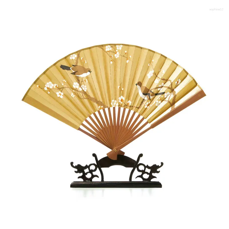 Figuras decorativas Abanico de papel dorado clásico chino, Abanicos plegables Hanfu Bambou portátiles, regalo de cumpleaños de bambú, Abanicos de verano