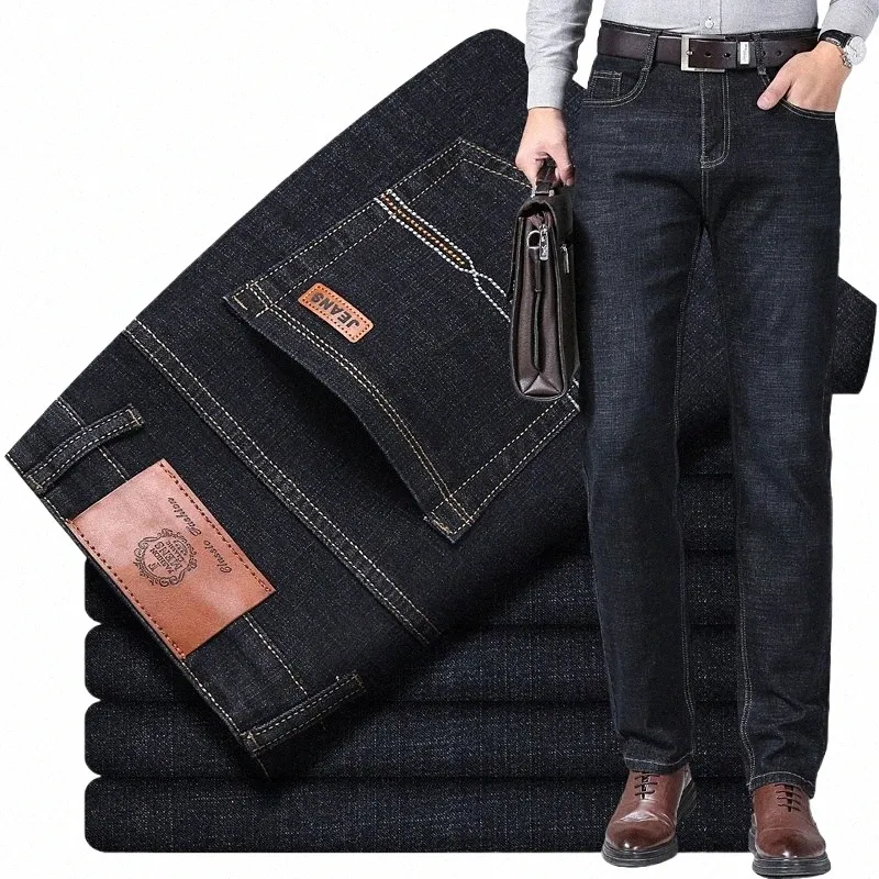 2023 Nouveaux hommes Stretch Fit Jeans Busine Busin Fi Pantalon en denim doux Pantalon de marque Homme Noir Bleu W9NB #