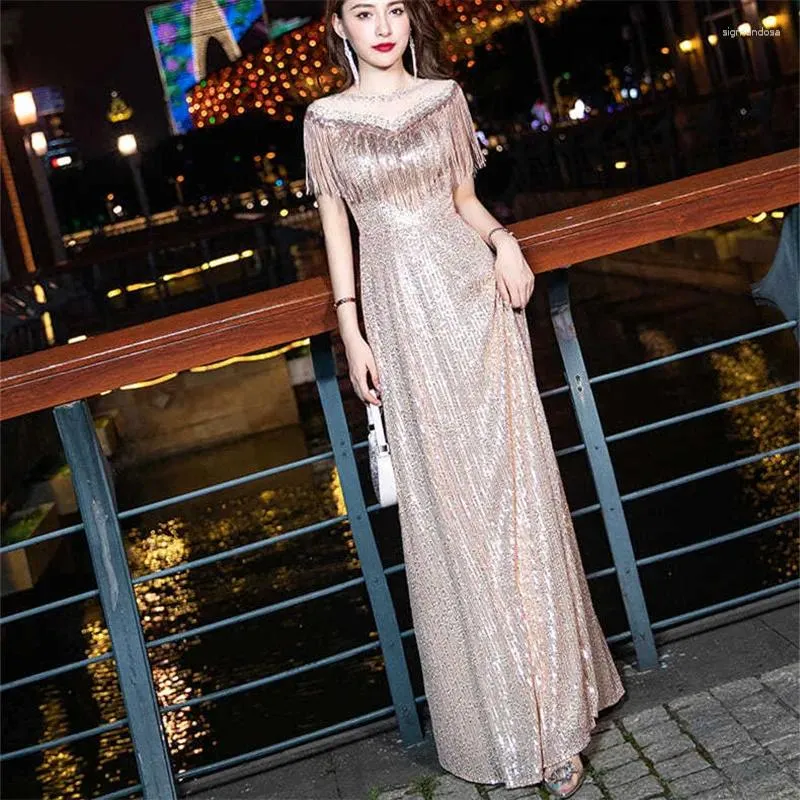 Casual Dresses Temperament Dress For Women's Clothing Solid Color Sequin Fringe V-neck Sleeveless Long A-line Elegant Evening Gown M376