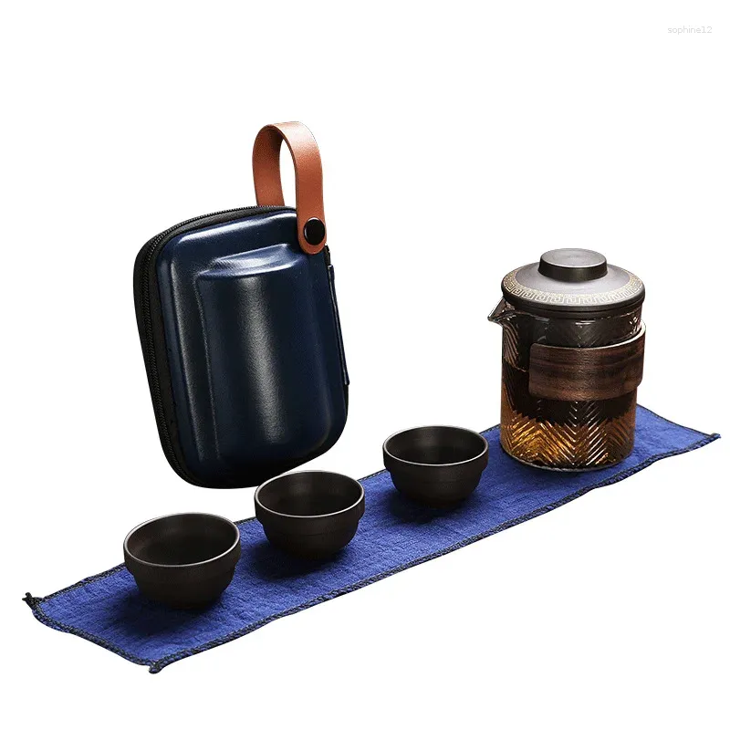 Ensembles de service à thé Ensemble de théière en céramique de voyage théière 1/3 mini tasse tasses à thé Gongfu en porcelaine avec infuseur sac portable tout en un pour l'extérieur