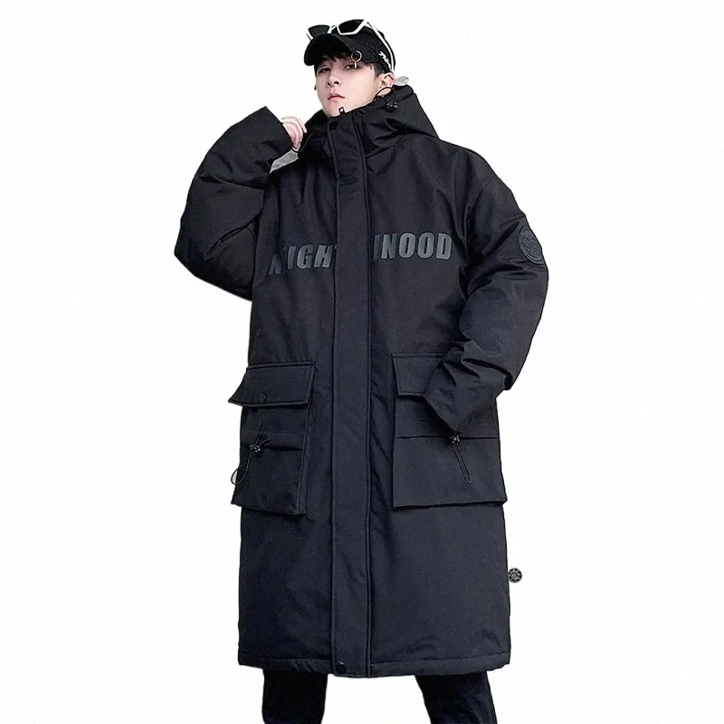 Techwear Down Cott Jacket Herrens överdimensionerade mittlängd Workwear Cold Weather Clothing 2023 Vinterfickor Tjocka huva Parkas 79GA#