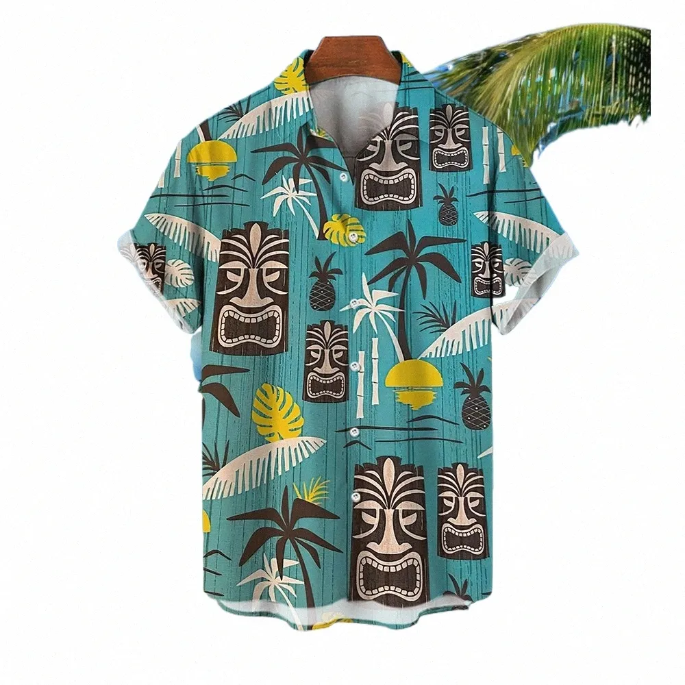 3D Tiki Print Hawaiian skjortor för män Retro Men's Shirt Loose Casual Male Clothing 2024 New Fi Trend Man Short Sleeve Shirt P3um#