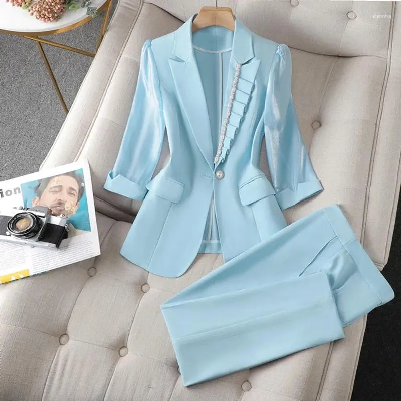 Women's Two Piece Pants Women Trousers Suit Thin Fashion Seven-Point Sleeve Business Slim Blazer Two-Piece Set Office Ladies Work Clothing