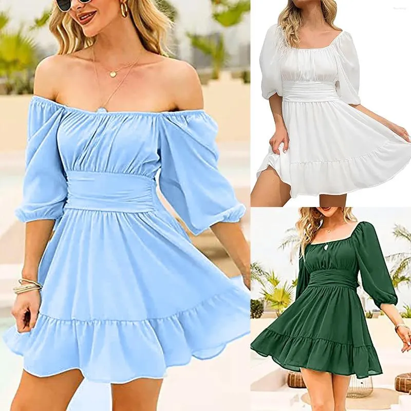 Casual Dresses For Women Lantern Sleeve Square Neck Ruffle Dress Solid Color Slim Fit Chiffon Outfits Temperament Holiday Tunic