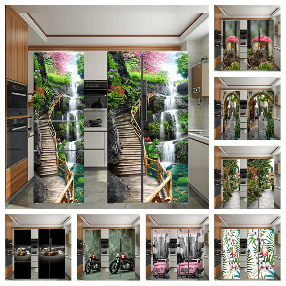 Stickers Wooden Bridge Stair Refrigerator Covering Sticker Door Wrap For Fridge Flower Floral Printed Poster Kitchen Upholstery Wallpaper