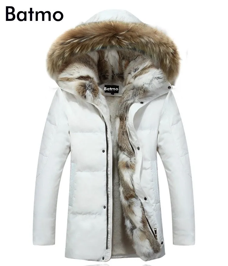 Men's Winter Duck Down Jacket with Hooded Rabbit Fur Collar, Thick