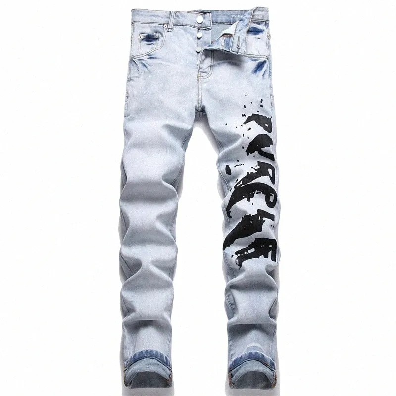 Nouveau Fi tendance bleu imprimé jean taille moyenne Stretch décontracté mince hommes Denim pantalons décontractés 63E9 #