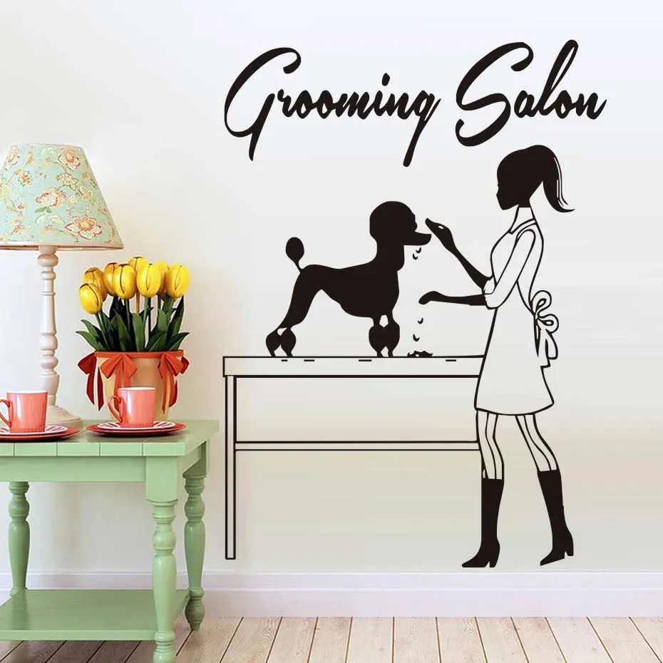 Autocollants Salon de toilettage autocollant mural pour animalerie chien coiffure fenêtre vinyle décalque amovible esthéticienne décoration accessoires Z196