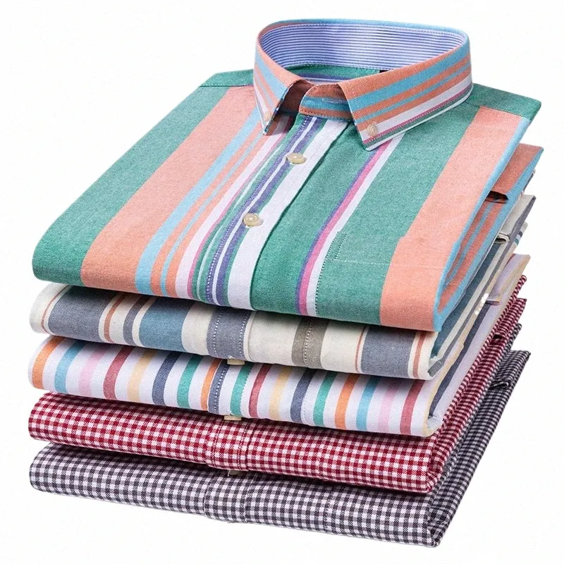 Mäns avslappnad 100% Cott Oxford randig fickficka LG Sleeve Soft Butted Plaid Formella manliga kläder överdimensionerad skjorta plus storlek F3KR#