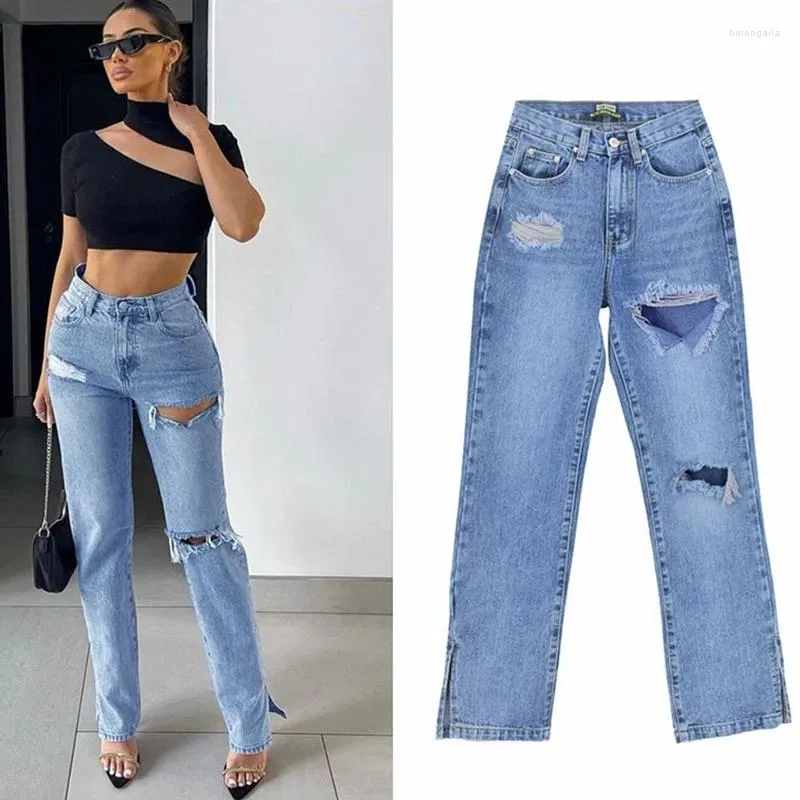 Kvinnors jeans kvinnor baggy y2k rippade med hål blå svarta byxor mamma pojkvän hög midja byxor denim