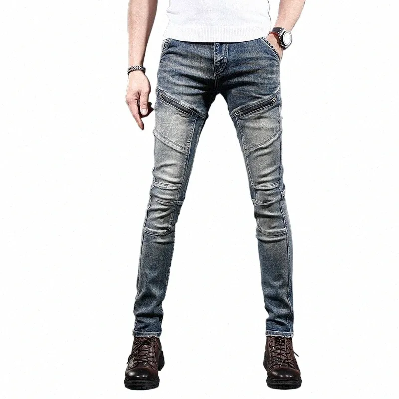 Fi 2023 Mi Vintage Hip-Hop-Stil Reißverschluss Design Koreanische Luxuskleidung Slim Fit Hosen Stretch Biker Cowboy Jeans für Männer 82sz #
