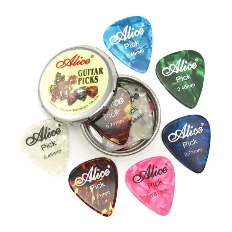 2024 12/20/24 PCS Färgglada celluloidplockning Plectrum i en söt rund metalllåda Acoustic Electric Musical Instrument Guitar Pick