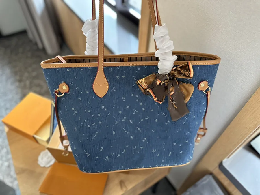 Sacola Designer Bag Nunca Moda Completa Bolsa Feminina Bolsa de Ombro de Alta Qualidade Denim Tecido Bolsa De Couro Casual Grande Capacidade Mom Shopping Bag