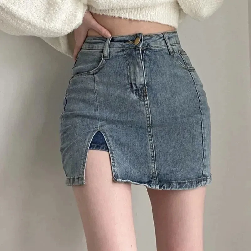 Rimocy Koreanische Hohe Wiast Denim Mini Rock Frauen Sommer Sexy Engen Tasche Hüfte Röcke Frau Slim Fit Y2K Kurze Weibliche 240328