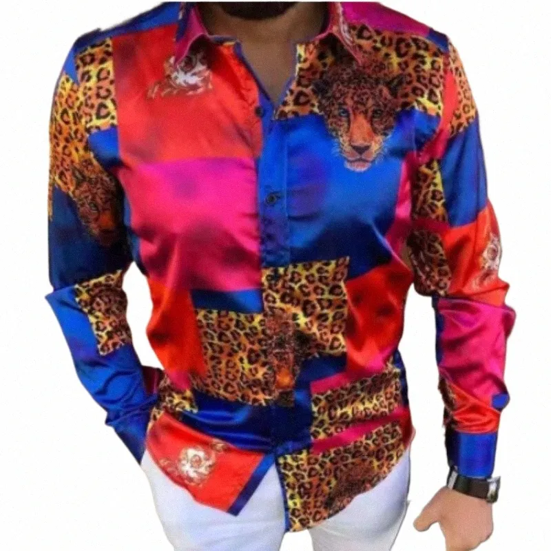 Nowe luksusowe koszule z drukowaniem wielokolorowym 2023 Spring Men LG Rękaw Slim Casual Dr Shirt Streetwear Social Party Ubrania T1jx#