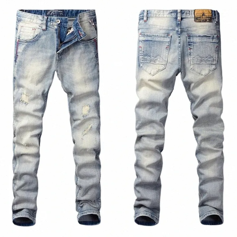 новый дизайнер Fi мужские джинсы ретро светло-серый синий эластичные тонкие рваные джинсы мужские лоскутные винтажные повседневные джинсовые брюки Hombre c6ZP #