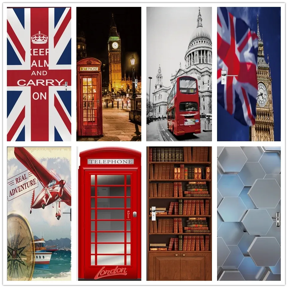 Autocollants 3D papier peint autocollant de porte UK Big Ben drapeau national Stickers muraux auto-adhésif vinyle Londres plate-forme affiche portes intérieures décor