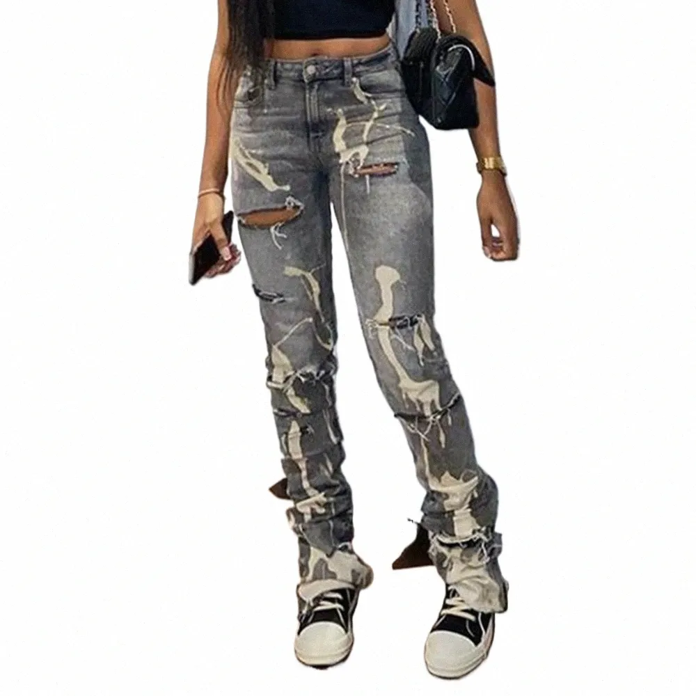 y2k Retro Sifreyr Ripped Hole Jeans Women Fi Print High Waist Skinny Stacked Denim Pants Grey Streetwear Elastic Trousers V4pn#