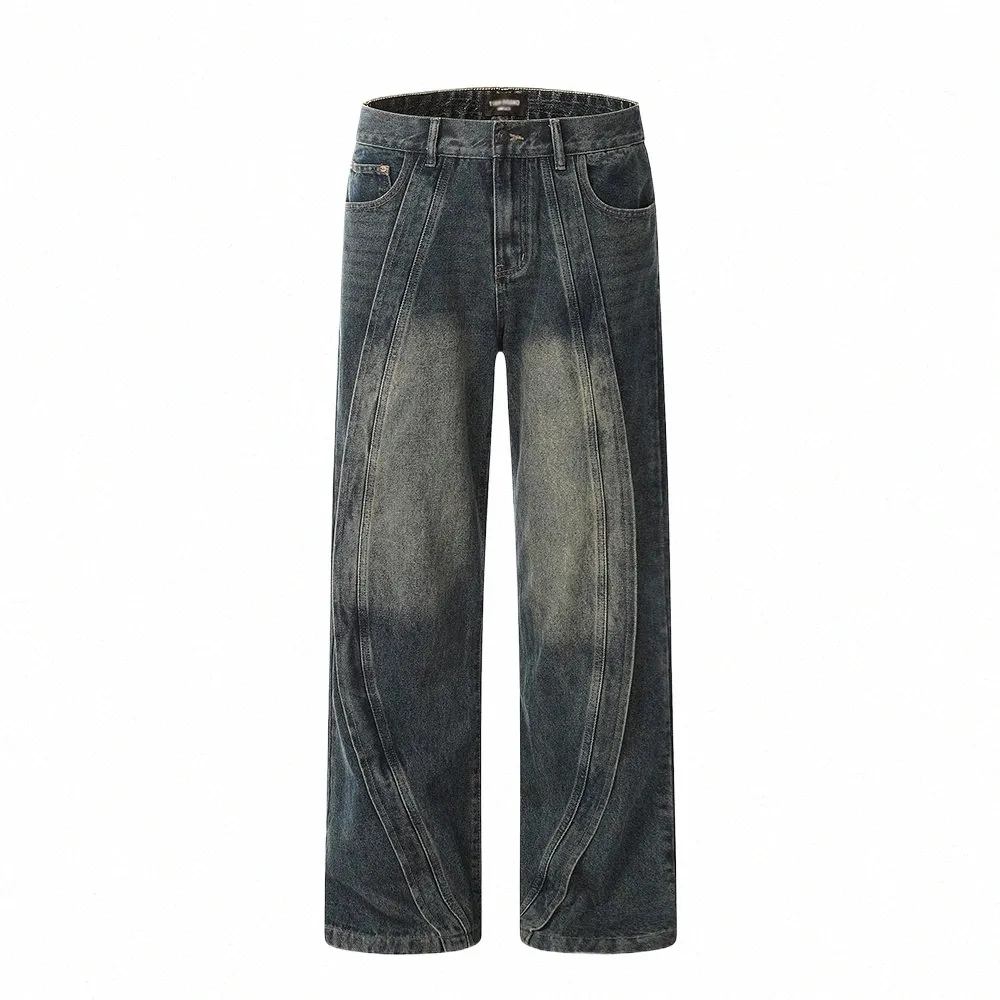 High Street Casual Wed Spliced Jeans Heren Retro Blauw Losse Rechte Broek Mannen Denim Broek Y2Nu #