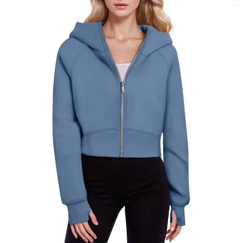 Women's Hoodies Women 2024 Spring Fall Solid Color Zip Up Cropped Sweatshirts Harajuku Korean Version Long Sleeve Hooded Jackets Coat