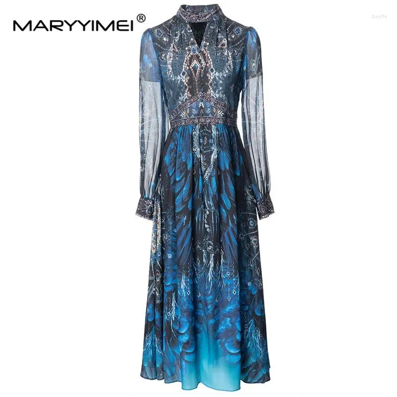 Robes décontractées MARYYIMEI Fashion Runway Designer Col montant pour femmes Paon imprimé Tulle à manches longues perles à ongles robe de style de rue