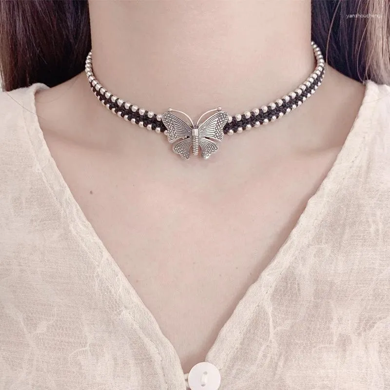 Colgantes de plata de ley 925, collar de mariposa, gargantilla Vintage étnica tejida a mano, cadena ancha de cuello de insecto para mujer, joyería al por mayor XL066