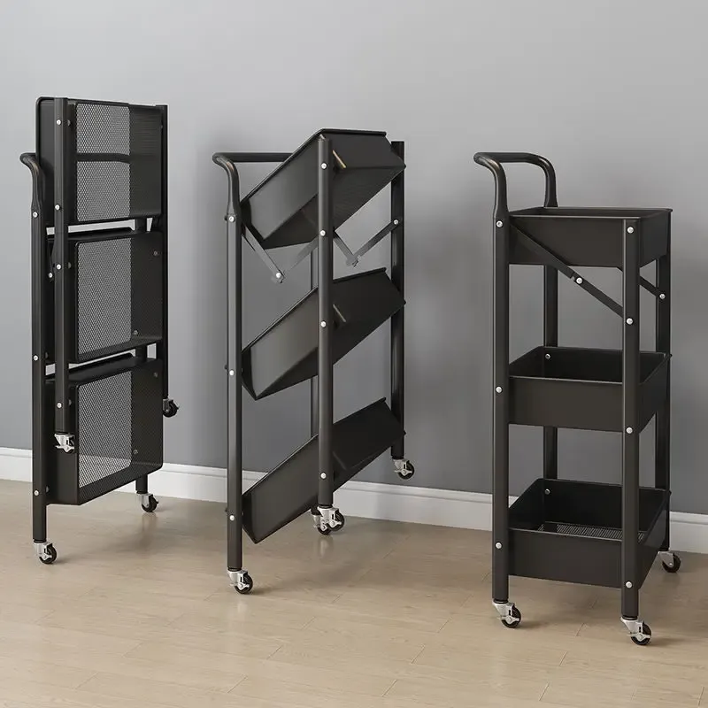 Racks Installationfree Cart Rack, Portable Foldable Storage Threelayer Storage Rack for Kitchen and Bathroom Storage Organizer