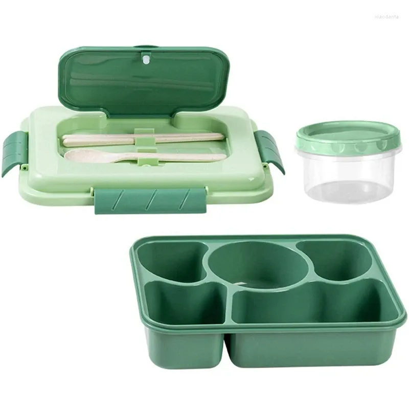 Yemek takımı öğle yemeği kutusu 1600ml 5 bölme Bento Yetişkin Yerleşik Yeniden Kullanılabilir Kaşık Yemek çubukları Seyahat Evi Essentials (Yeşil)