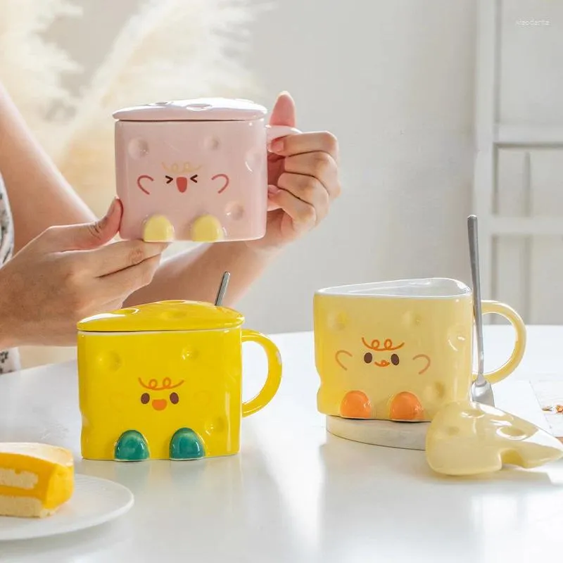 Tassen Nette Käse Keramik Tasse Kreative Cartoon Stroh Tassen Büro Kaffee Bedeckt Löffel Frühstück Milch Tasse Geburtstag Geschenk