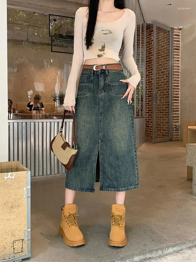 Skirts OHRYIYIE Large Size 3XL Korean Loose Denim Skirt Women 2024 Fashion Bifurcate High Waist Jean Female Dark Blue Midi