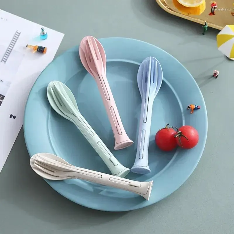 Skedar picknick sätter servis vete cutlery tabeller 3 i gaffel student miljövänlig bärbar sked set halmkniv 1 flatvaror resor