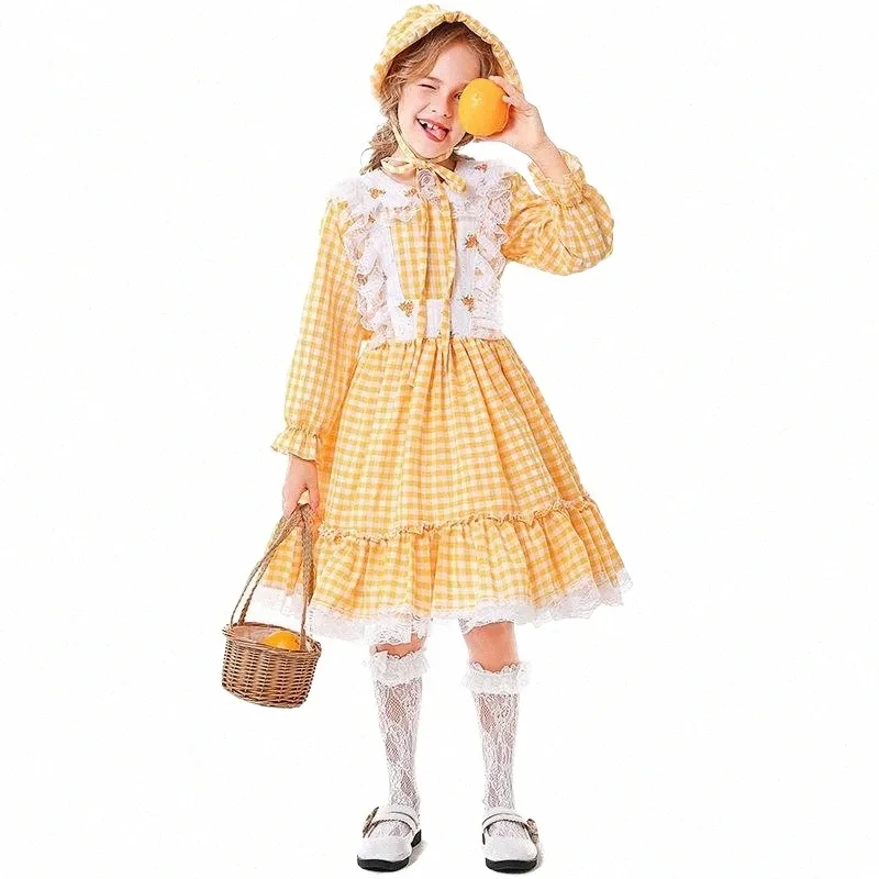 halen Children Cute Maid Cosplay Costume Holiday Party Beer Festival Yellow Checked Floral Dr Set Sweet Stage Clothing q5na#