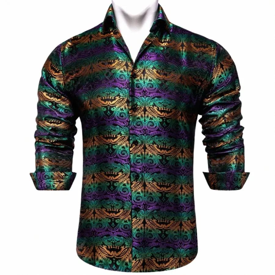 Paars Groen Geel Paisley Shirts voor Mannen Zijde Polyster Lg Mouw Luxe Tuxedo Dr Shirt Bruiloft Mannen Kleding d4xY #