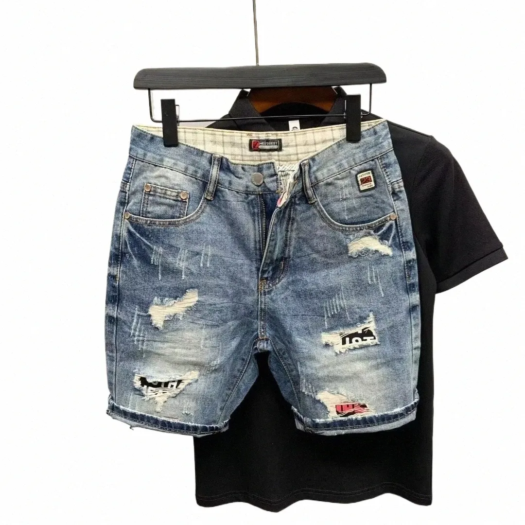 men's Summer Straight Tube Denim Shorts Loose Fitting Fi Brand Torn Jogger Pants Five Point Blue Baggy Shorts Jeans j8KA#