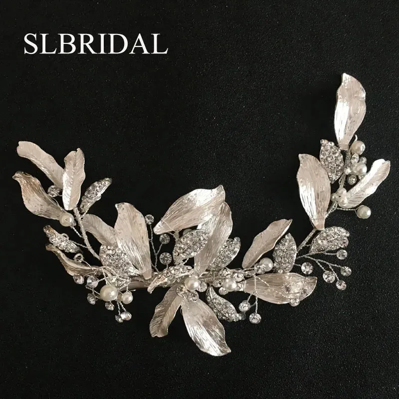 Slbridal ręcznie robione srebrne kryształy kolorów kryształki kwiat liści ślubne klip włosów barrettes sedno norgowe akcesoria do włosów 240315