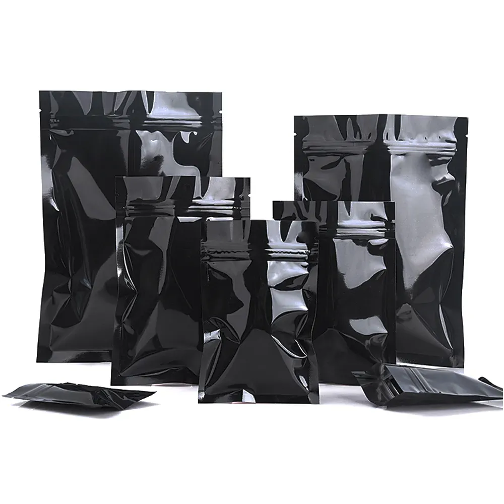 Commercio all'ingrosso Nero lucido Foglio di alluminio Zip Bag Autosigillante Tacca a strappo Richiudibile Piatto Snack per alimenti Sacchetti per imballaggio ZZ