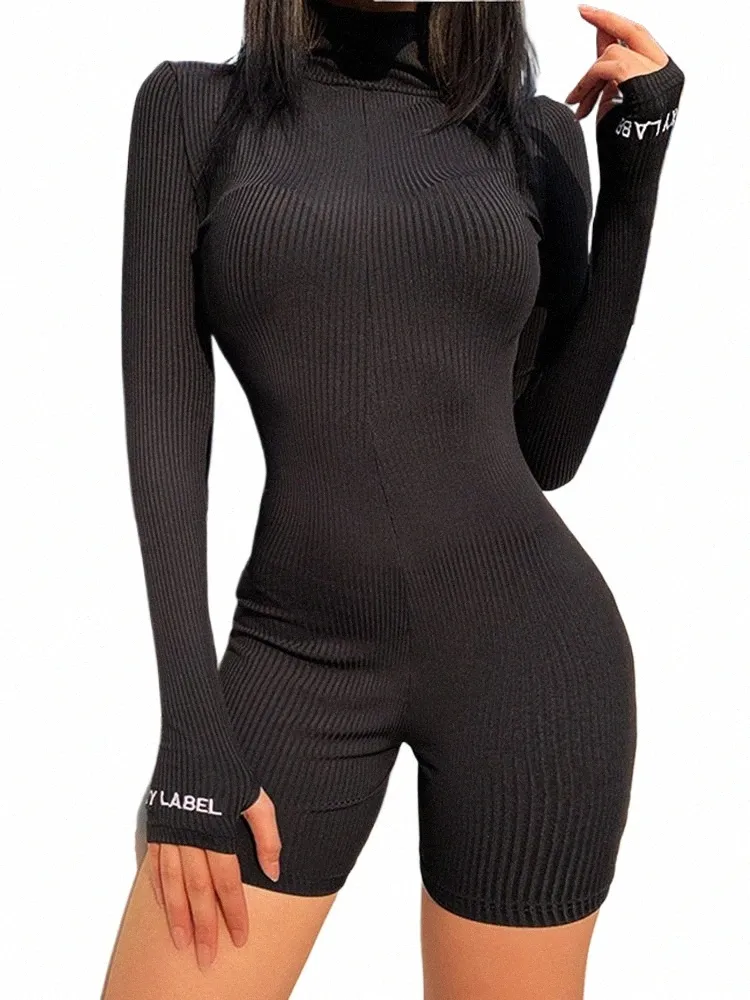Sibybo Ribbed Turtleneck Sport Wear Casual Jumpsuit Women Letter Brodery Skinny Sexig PlaySuit Female Fitn Rompers Overalls V1el#