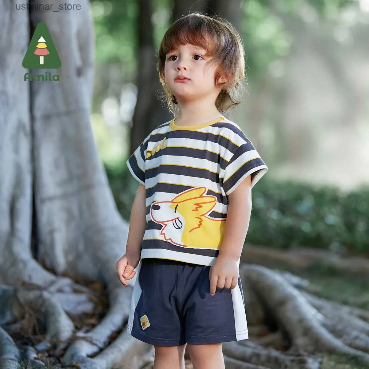 T-shirty Amila Baby Boy Set 2023 Summer Nowy słodki wzór szczeniaka Striped Shorts + T-shirt Sport Casual 2-Piece Sets Ubrania dla dzieci 0-6Y24328
