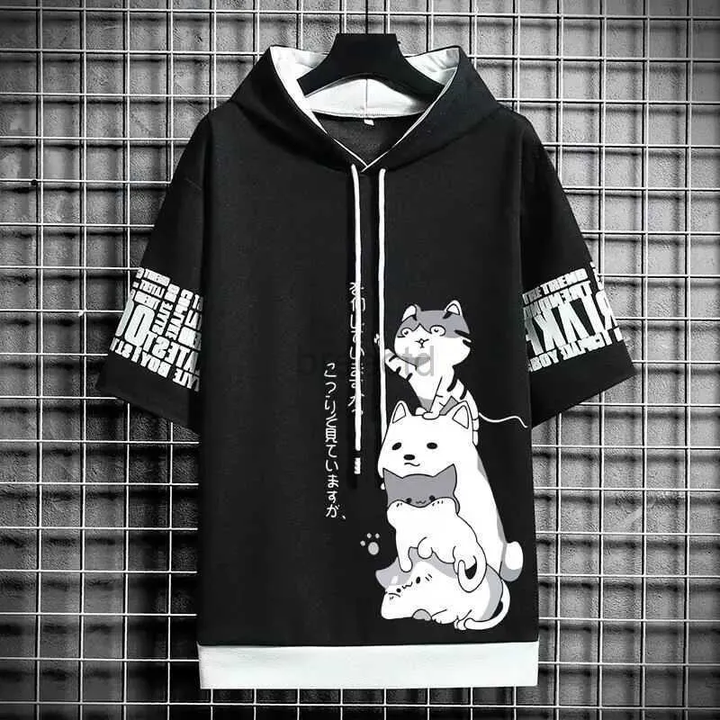 Men's Hoodies Sweatshirts Japan Fashion Mens Hoodies Summer Men Clothing Cartoon Casual Harajuku Streetwear Print Hooded Top Short Sleeve Sweatshirts Men 24328