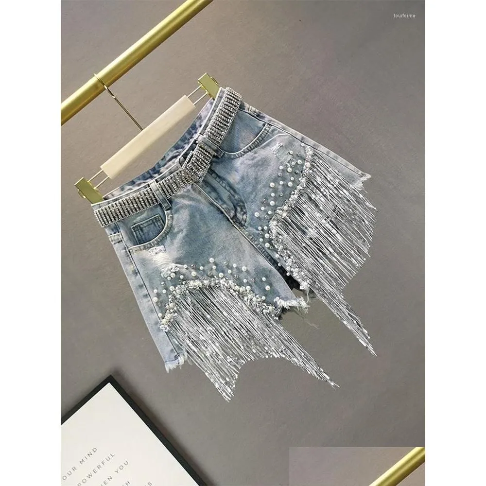 Dżinsy damskie 2023 Wiosenne letnie dżinsowe spodenki dla kobiet europejskie wysokie talię Slim dno Ribed Beaded Fringed Short Short Spodnie DHD7F