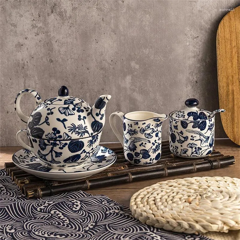 Zestawy herbaciarni ceramiczna herbata do kawy Koreańska niebieska i biała porcelanowa 1 osoba Teapot Cup Milk Jug Sugar Bowl Strona główna bar picia