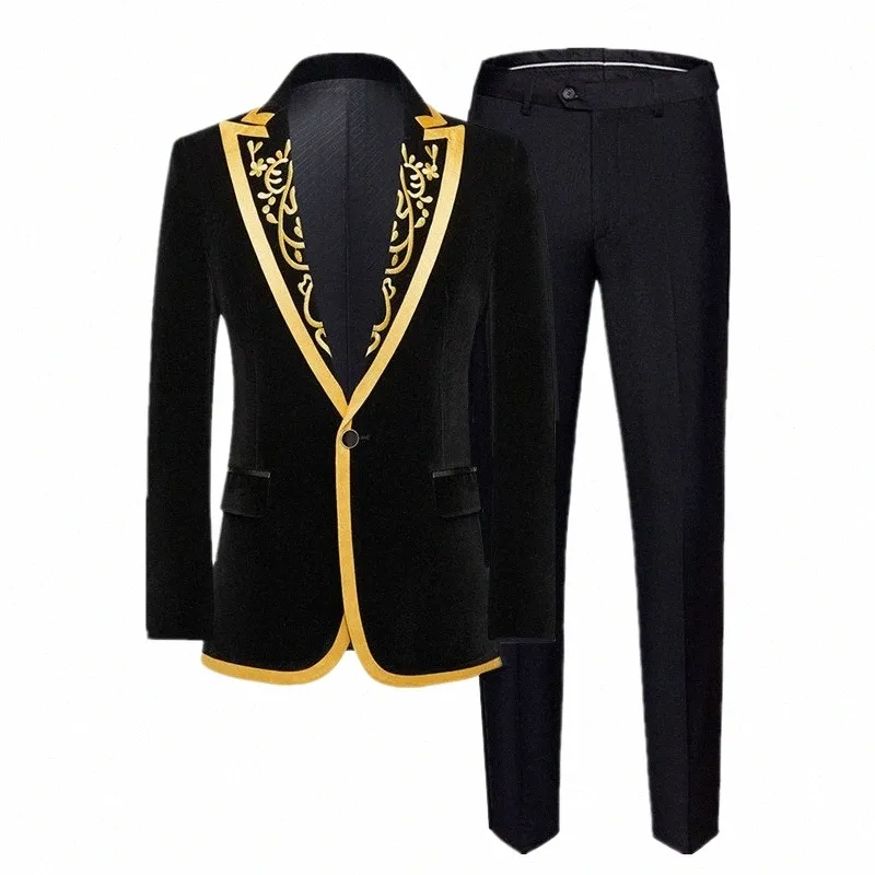 new Men Luxury Veet Suit 2 Piece Classic Men's Wedding Prom Party Stage Performance Patchwork Embroidered Blazers and Pants b75x#