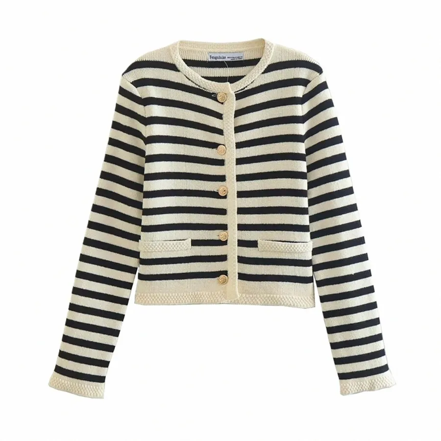 women's Ctrast Color Striped Cardigan Short Coat Round Neck Knitted Sweater Jacket Work Office-Lady Temperament Sweater Coats 40Kx#
